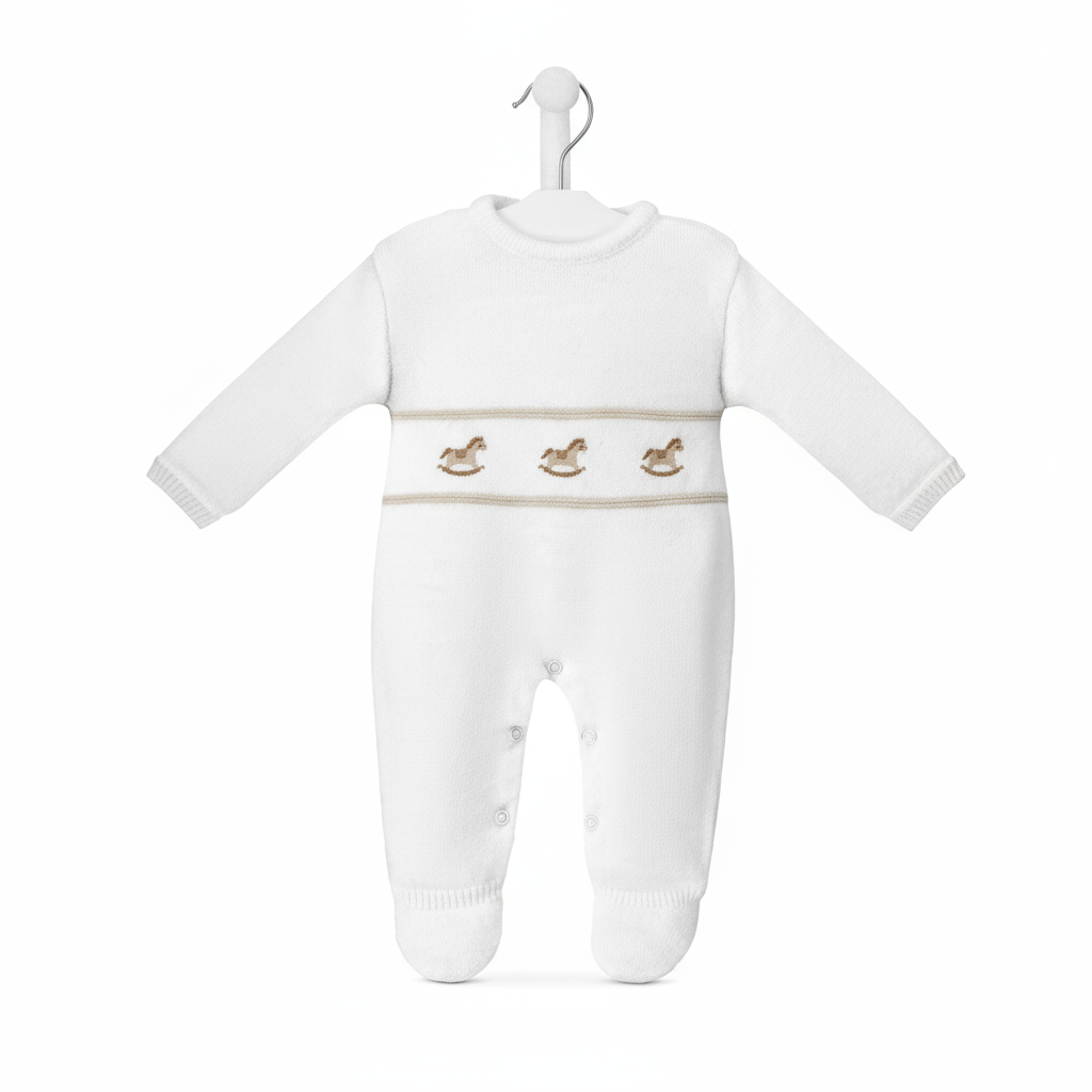 A4977W Knitted Unisex Rocking Horse Babygrow White/Camel