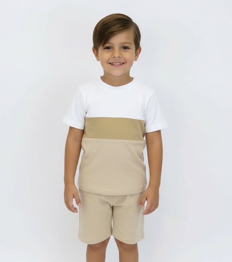 Cole Tri-colour Crew Neck Boys Short Set Beige