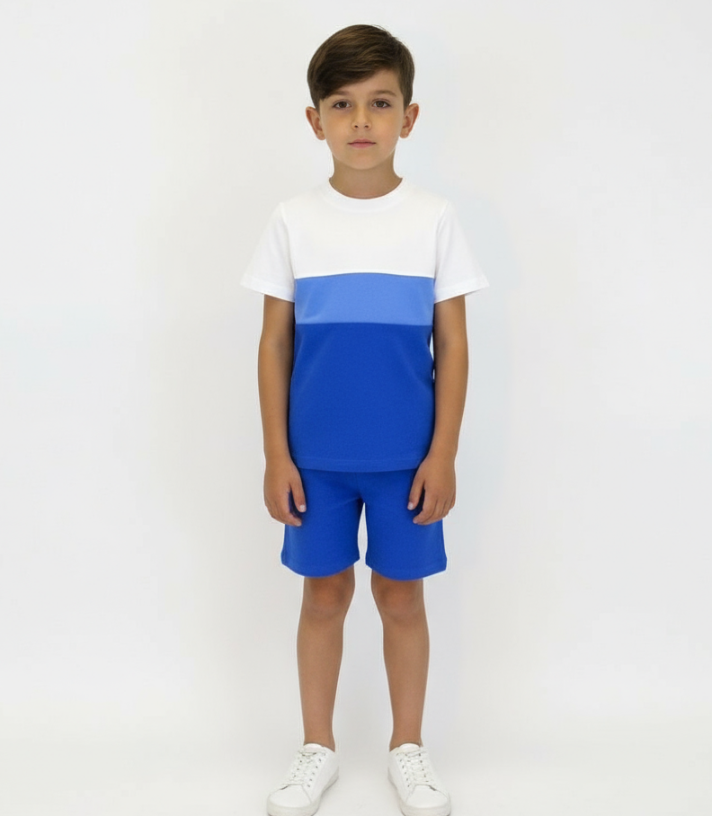 Cole Tri-colour Crew Neck Boys Short Set Dark Blue