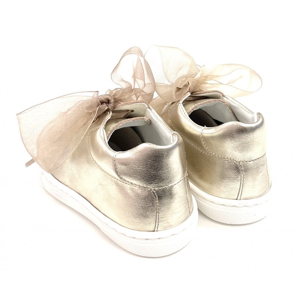 222297 Girls Ribbon Lace Up Leather Trainer Gold