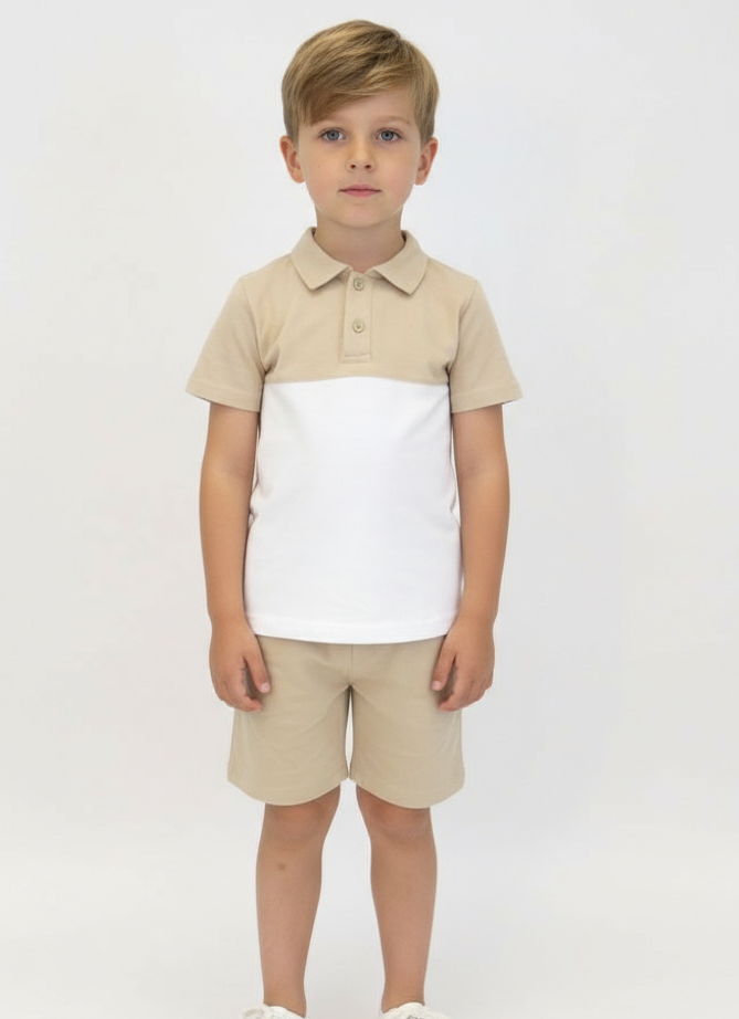 Dawson Boys Plain Polo Short Set Beige