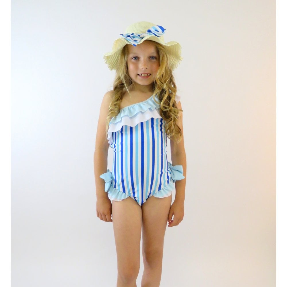 Mila Girls Frilly Bow Swimsuit Blue Stripe