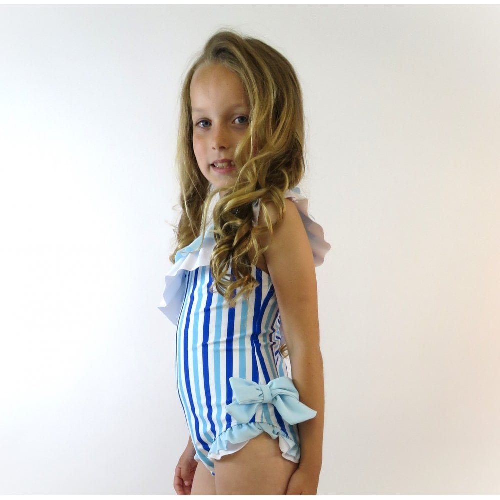 Mila Girls Frilly Bow Swimsuit Blue Stripe