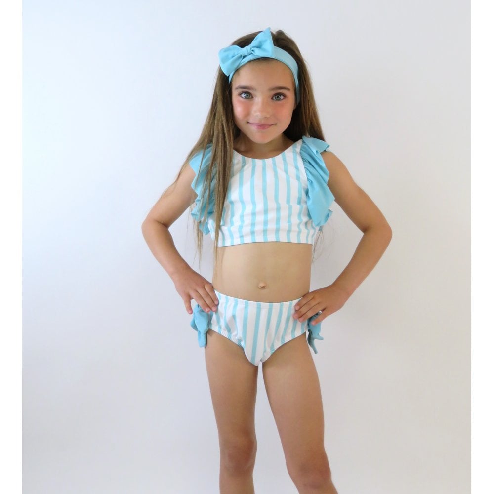 Sana Girls Striped Frilly Bikini Green