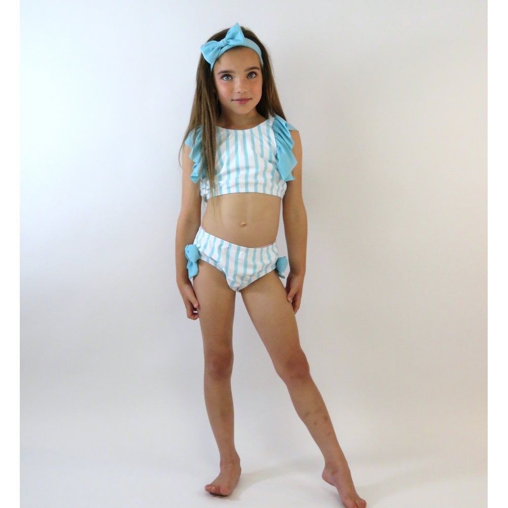Sana Girls Striped Frilly Bikini Green