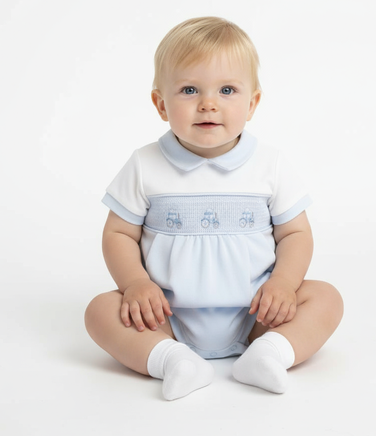 AV6123 Baby Boys Little Tractor Smocked Romper Blue