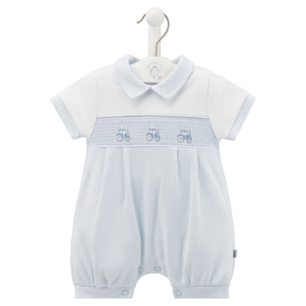 AV6123 Baby Boys Little Tractor Smocked Romper Blue