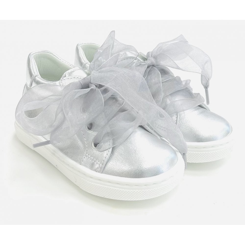 222297 Girls Ribbon Lace Up Leather Trainer Silver
