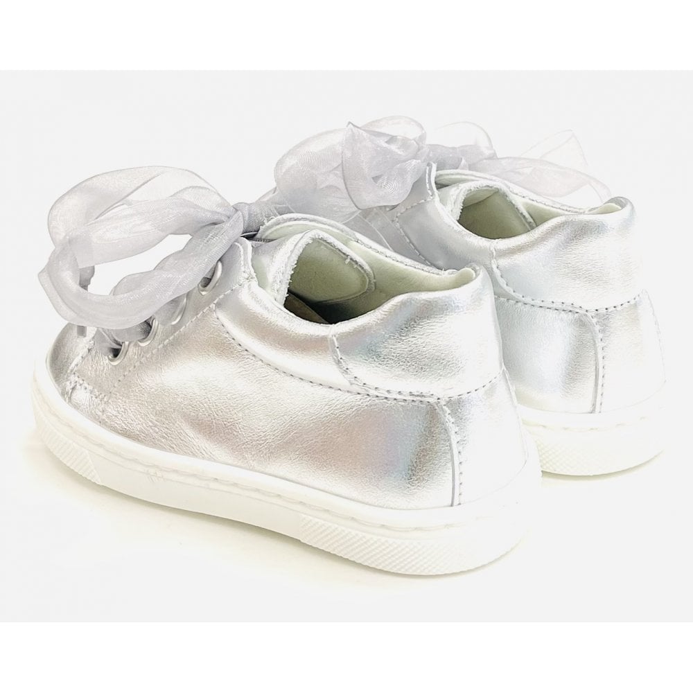 222297 Girls Ribbon Lace Up Leather Trainer Silver