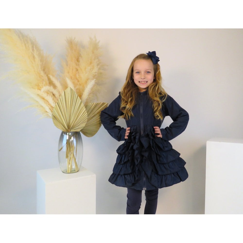 Nova Girls Navy Ruffle Bow Fleece Rain Mac