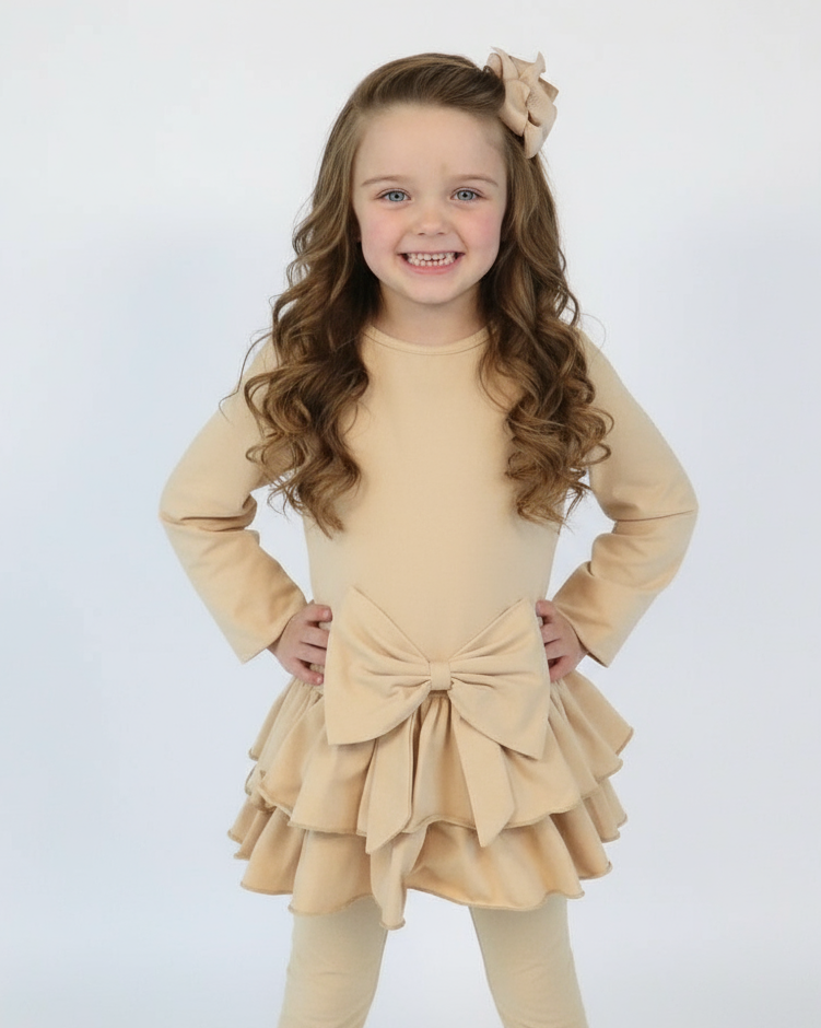Hallie Girls Frilly Bow Tracksuit Beige