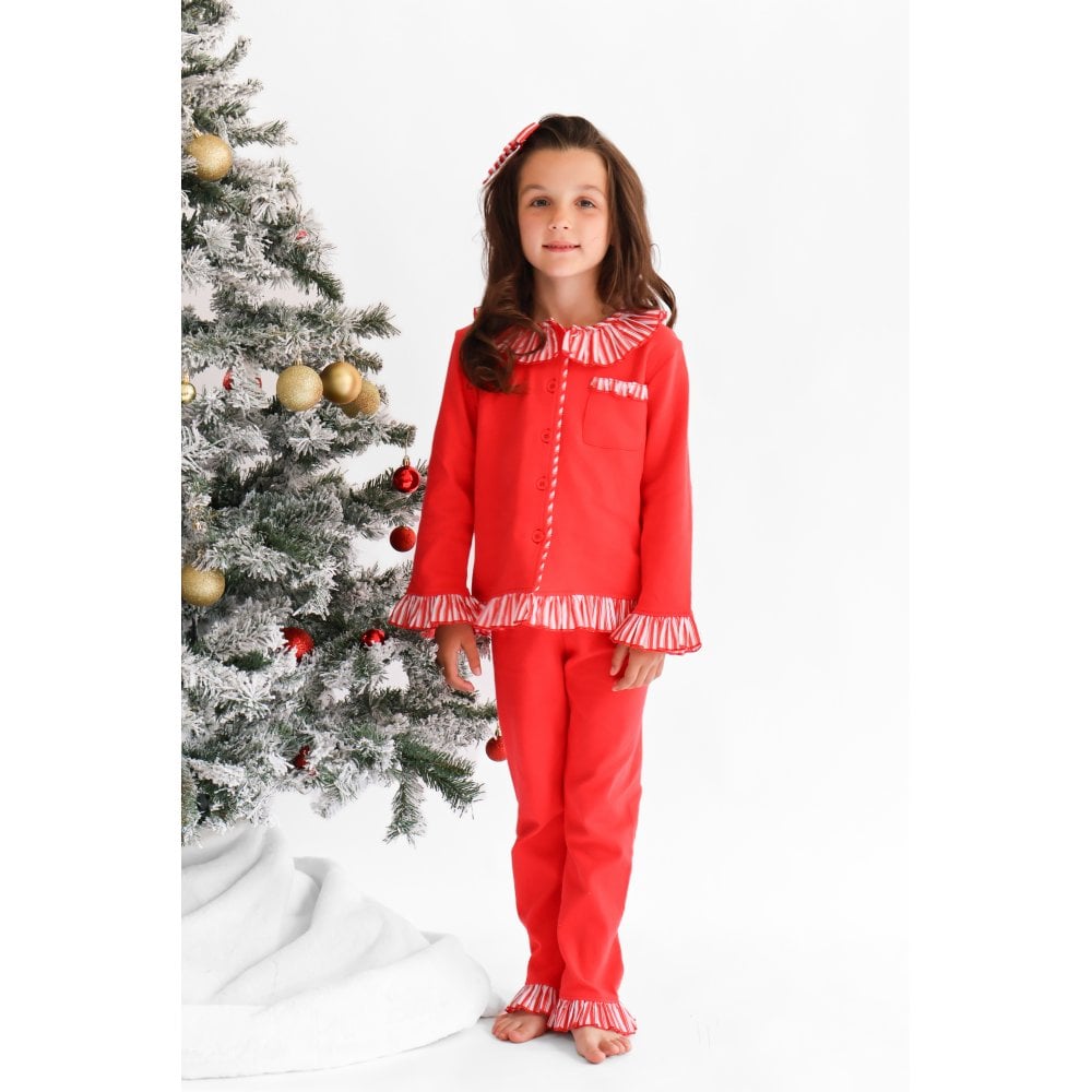 Christmas Pyjamas Girls Frilly Red Striped