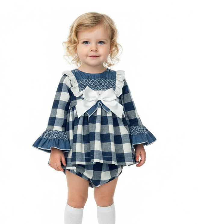 ZA4990 Baby Girl Navy & White Gingham Dress & Knicker Set