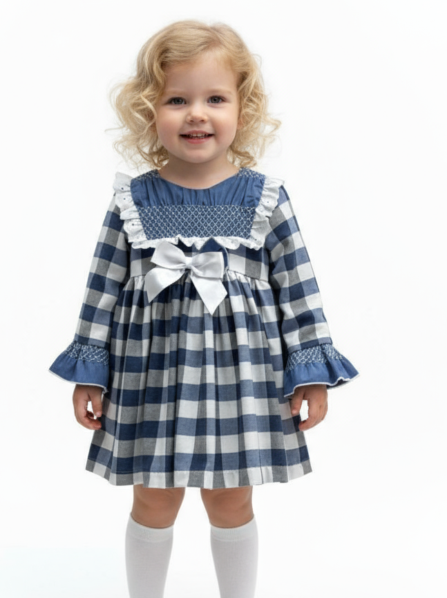 ZA4999 Girls Navy & White Gingham Dress