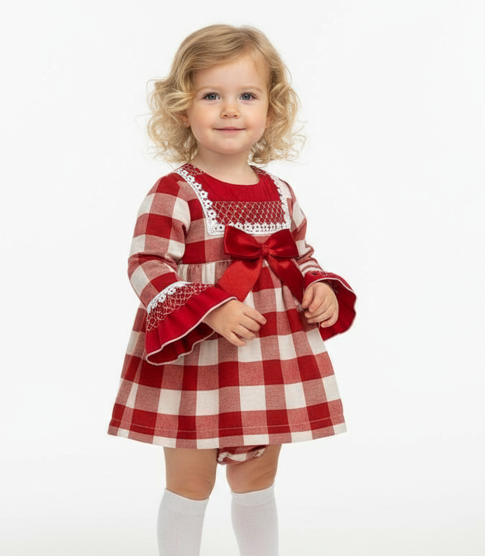 ZA2110 Baby Girls Red & White Gingham Dress With Knickers
