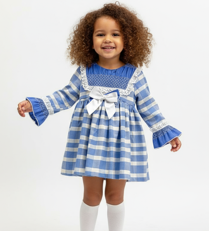 ZA1779 Girls Baby Blue & White Gingham Dress