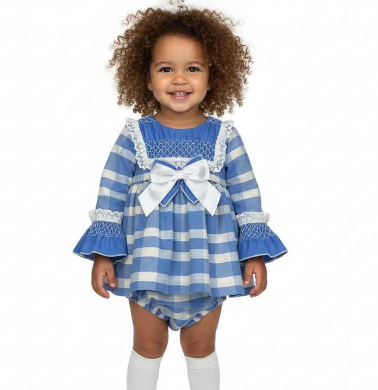 ZA1770 Baby Blue & White Gingham Dress & Knickers