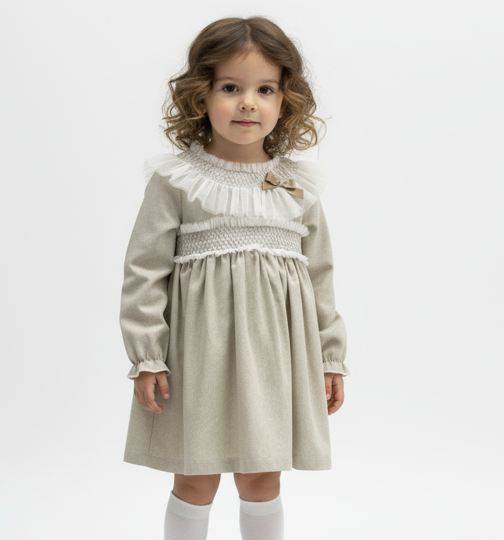 ZA3779 Girls Beige Smock Dress