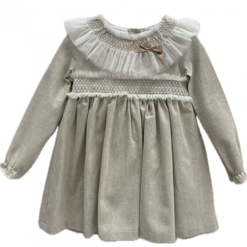 ZA3779 Girls Beige Smock Dress