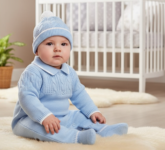 A5285 Baby Knitted Babygrow & Hat Blue