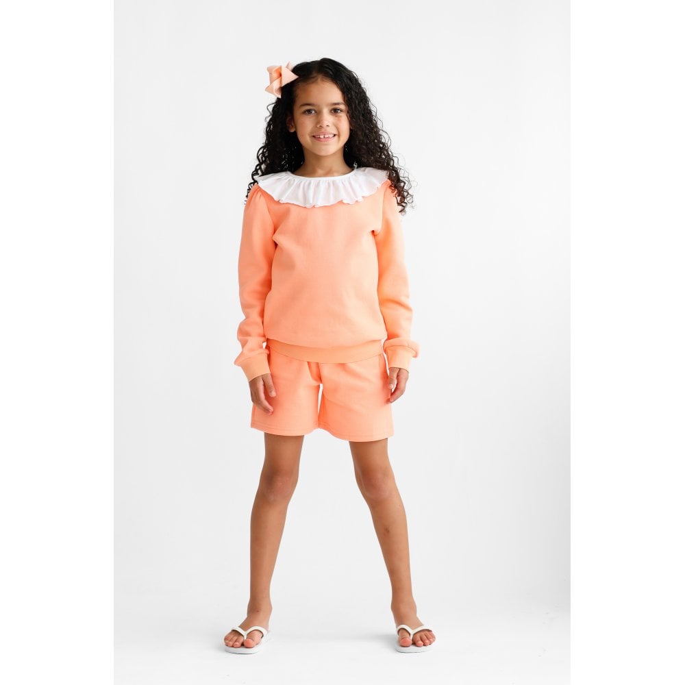 Bessie Girls Frill Neck Jumper & Shorts Set Coral