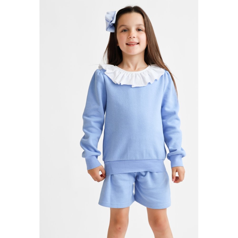 Bessie Girls Frill Neck Jumper & Short Set Blue