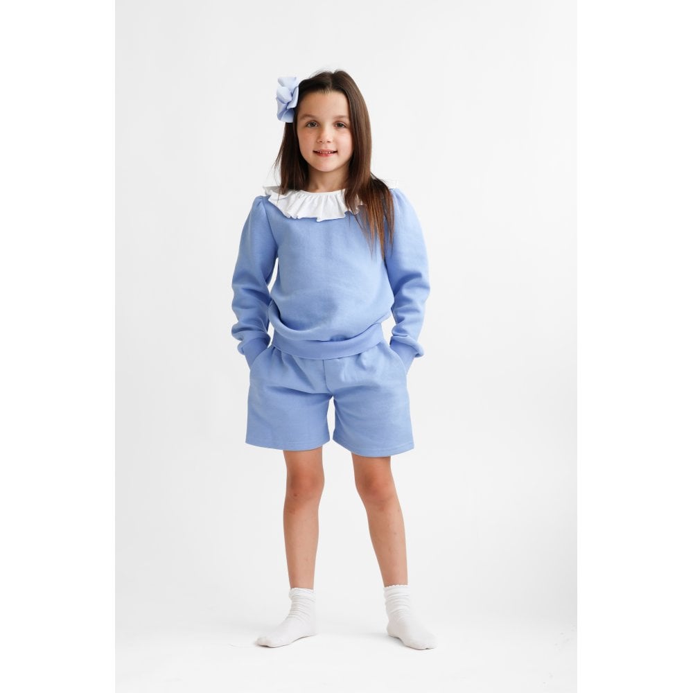 Bessie Girls Frill Neck Jumper & Short Set Blue