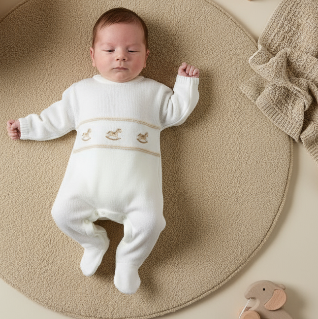 A4977W Knitted Unisex Rocking Horse Babygrow White/Camel