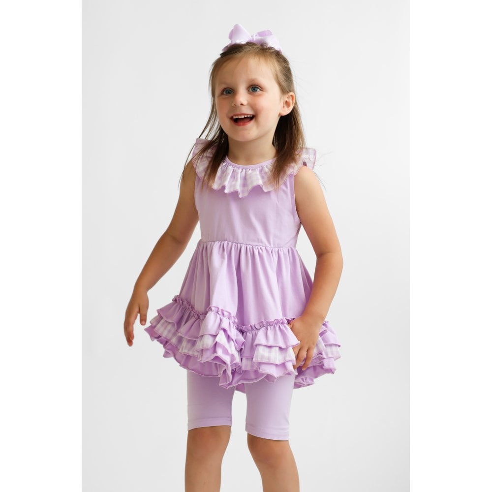 Remi Girls Frilly Gingham Cycling Short Set Lilac