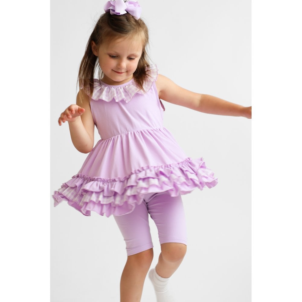 Remi Girls Frilly Gingham Cycling Short Set Lilac