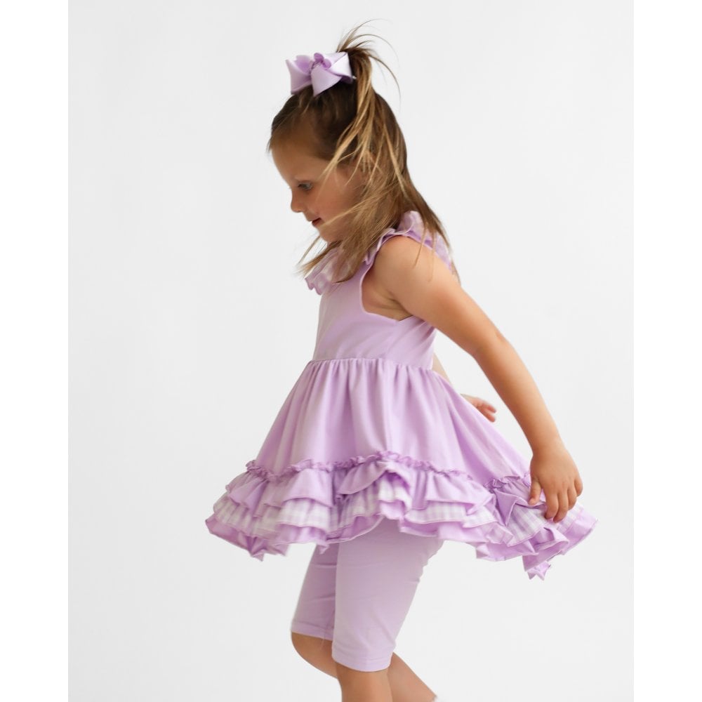 Remi Girls Frilly Gingham Cycling Short Set Lilac