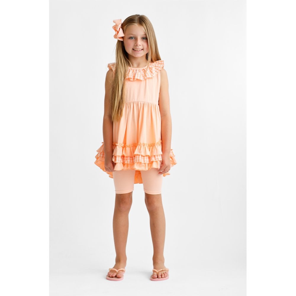 Remi Girls Frilly Gingham Cycling Short Set Peach