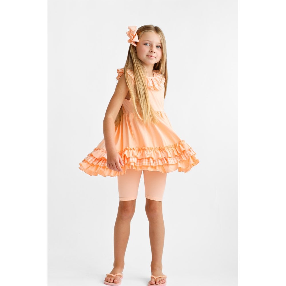 Remi Girls Frilly Gingham Cycling Short Set Peach