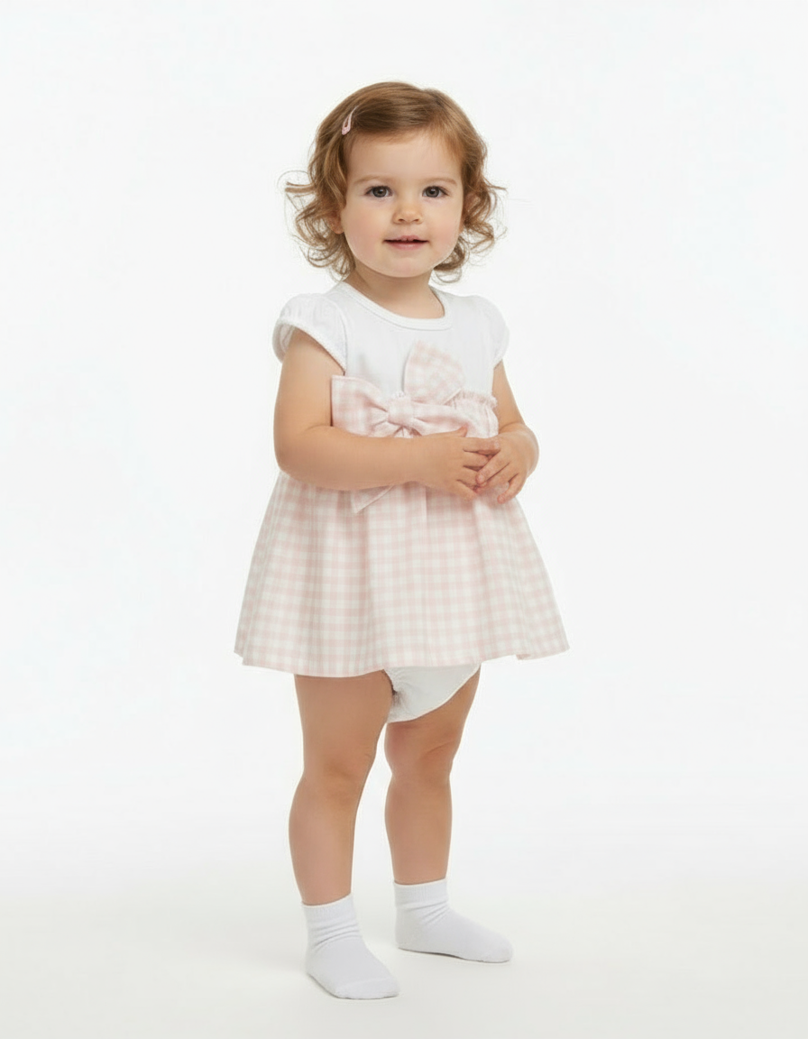 10100 Babidu Girls Checked Romper Bow Dress