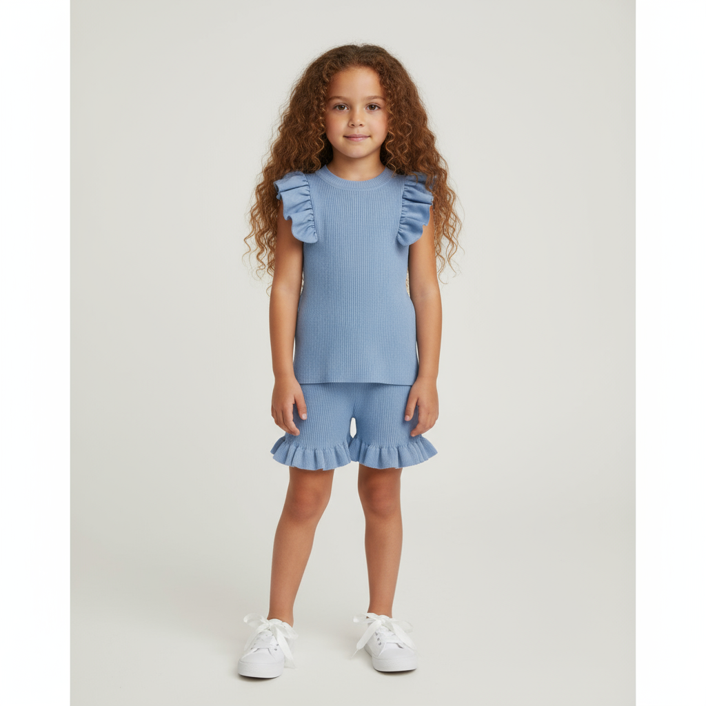 Girls Two Piece Ribbed Frilly Short Set Blue