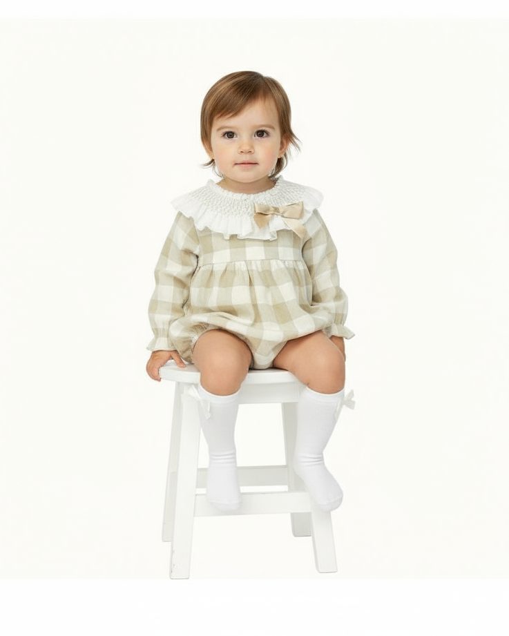 Weeme Camel Checked Romper Wth Bow