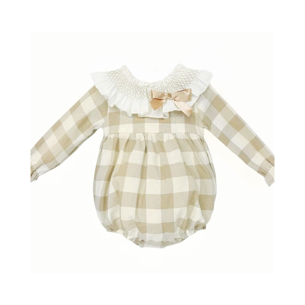 Weeme Camel Checked Romper Wth Bow