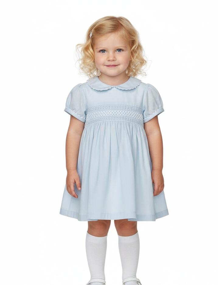 25LA-423 Baby Girls Smocked Baby Blue Dress