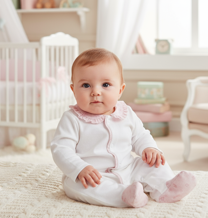 11218 - White Babygrow with Pink Collar