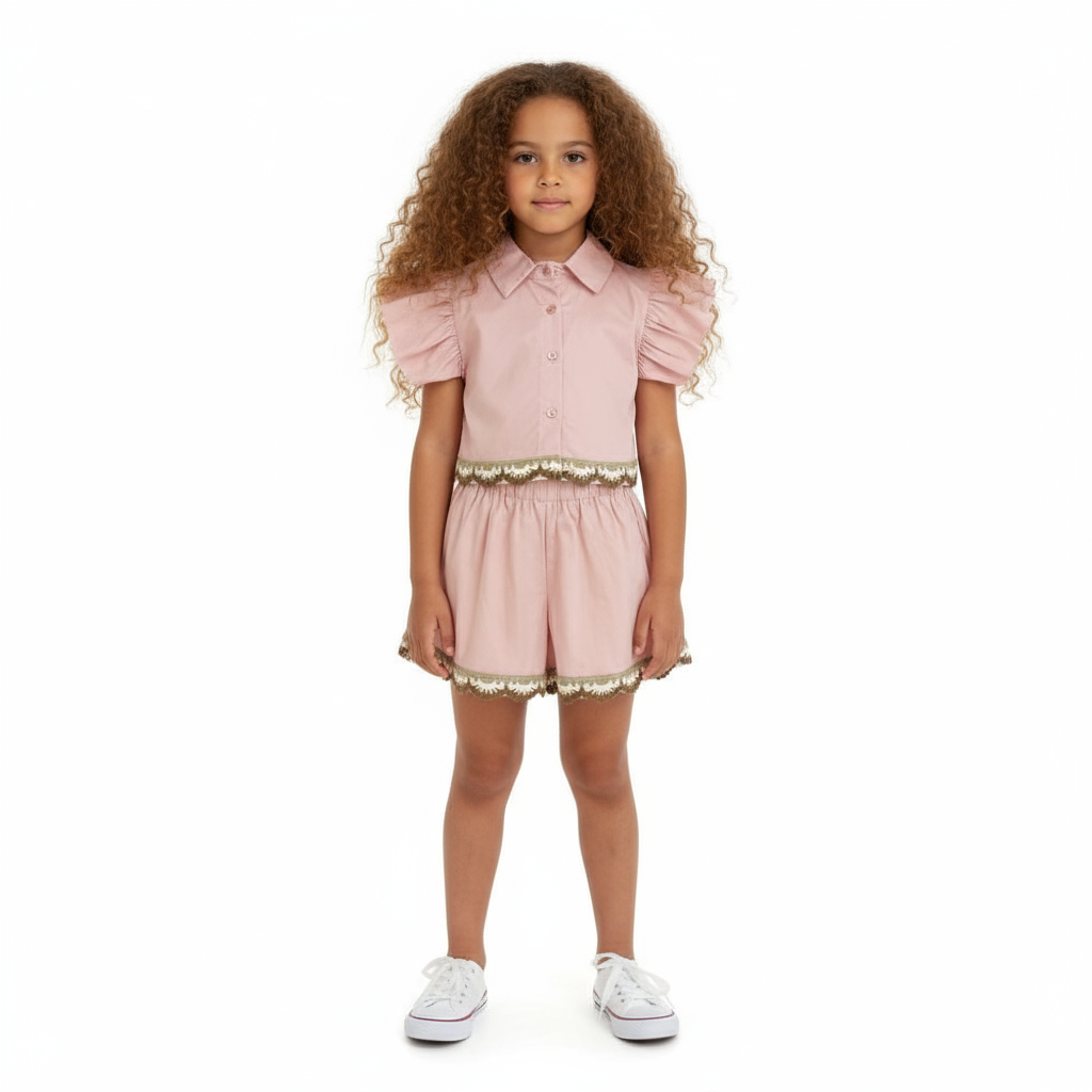 Girls Crochet Detail Shirt & Short Set Pink
