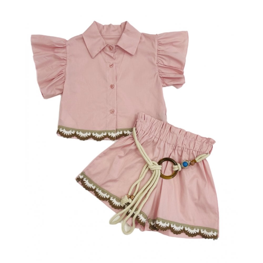 Girls Crochet Detail Shirt & Short Set Pink