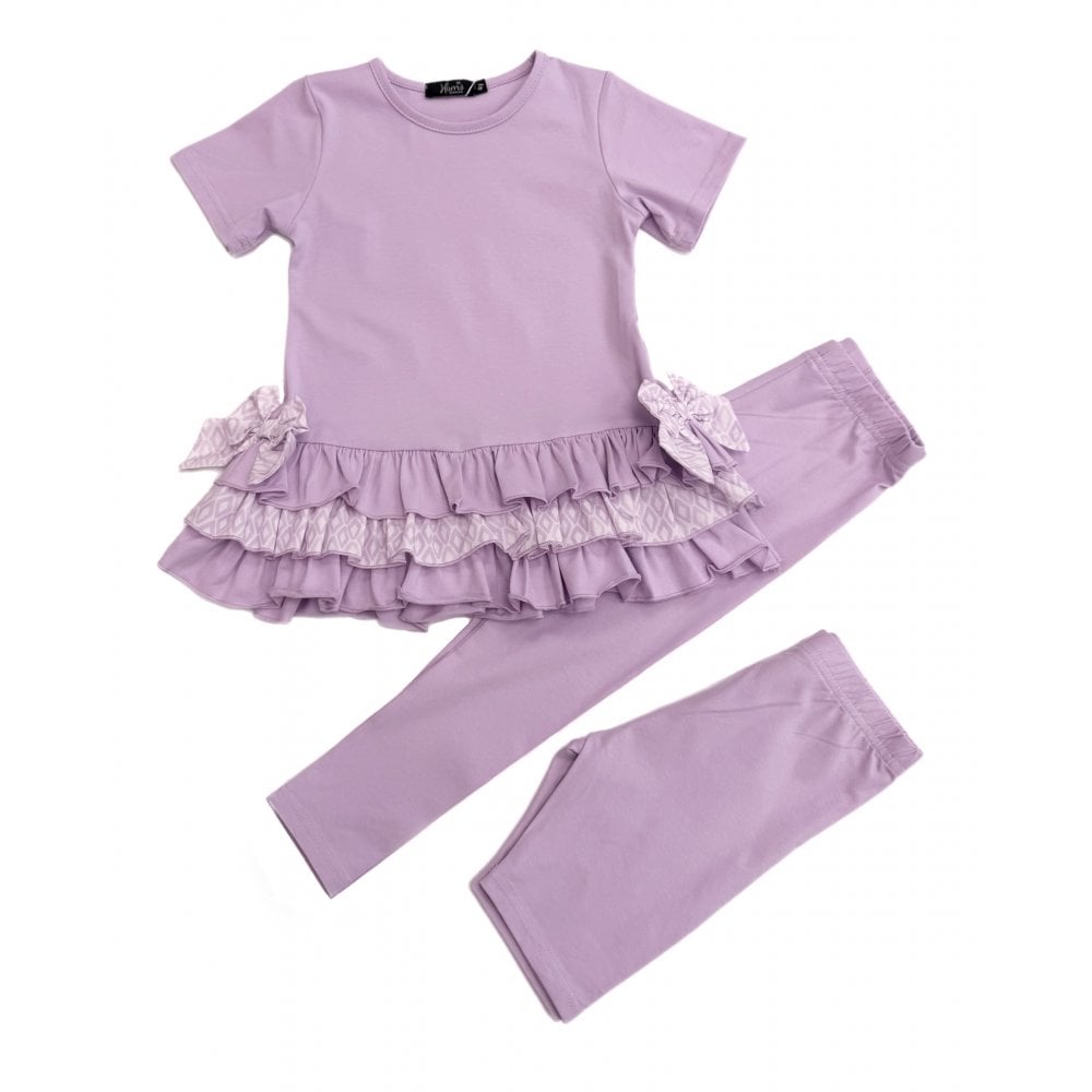 Celine Girls Ruffle Frilly Leggings & Shorts Set Lilac