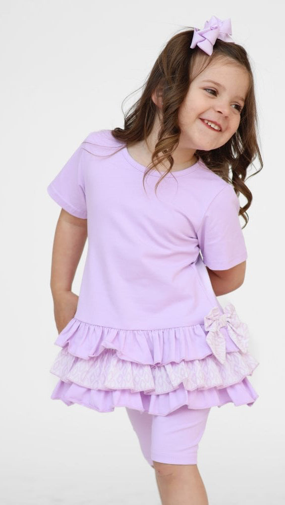Celine Girls Ruffle Frilly Leggings & Shorts Set Lilac