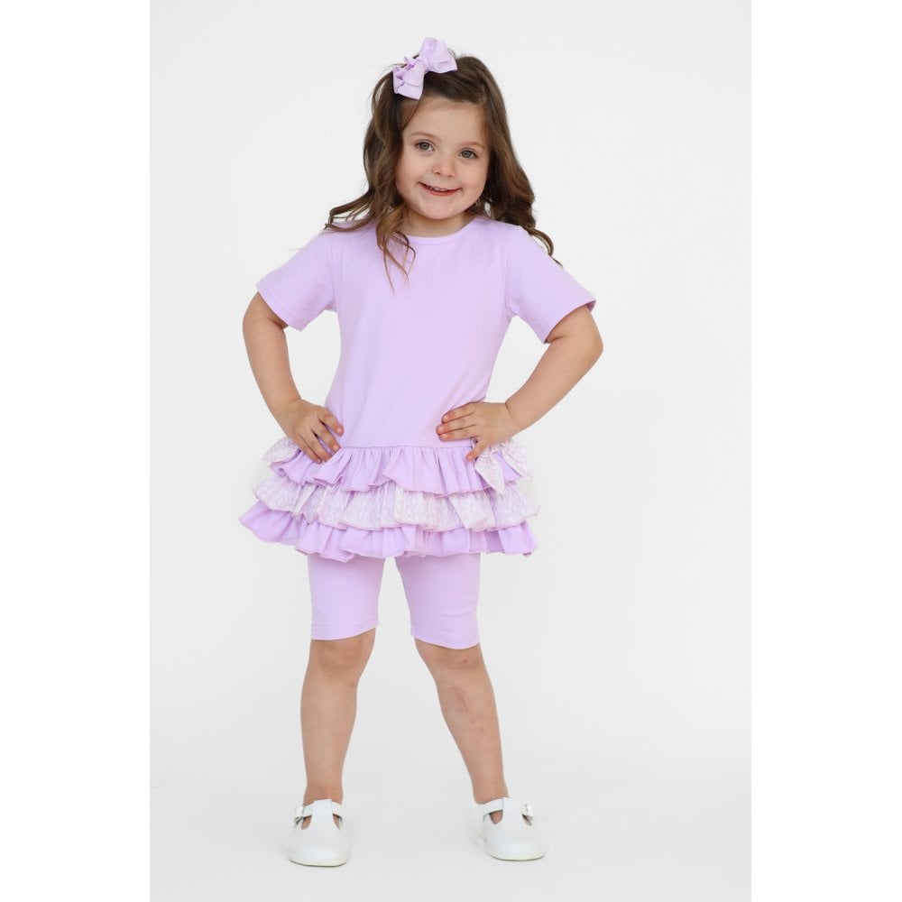 Celine Girls Ruffle Frilly Leggings & Shorts Set Lilac