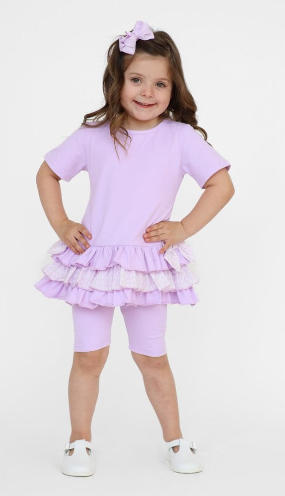 Celine Girls Ruffle Frilly Leggings & Shorts Set Lilac
