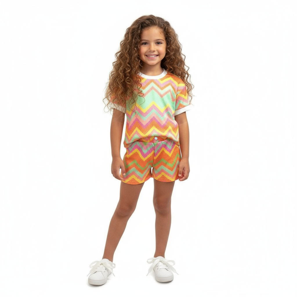 Girls Chevron Printed T-shirt & Shorts Set Coral
