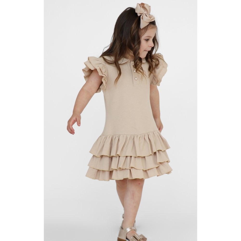 Sian Girls Frilly Ruffle Polo Dress Beige
