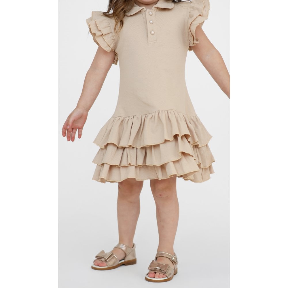 Sian Girls Frilly Ruffle Polo Dress Beige