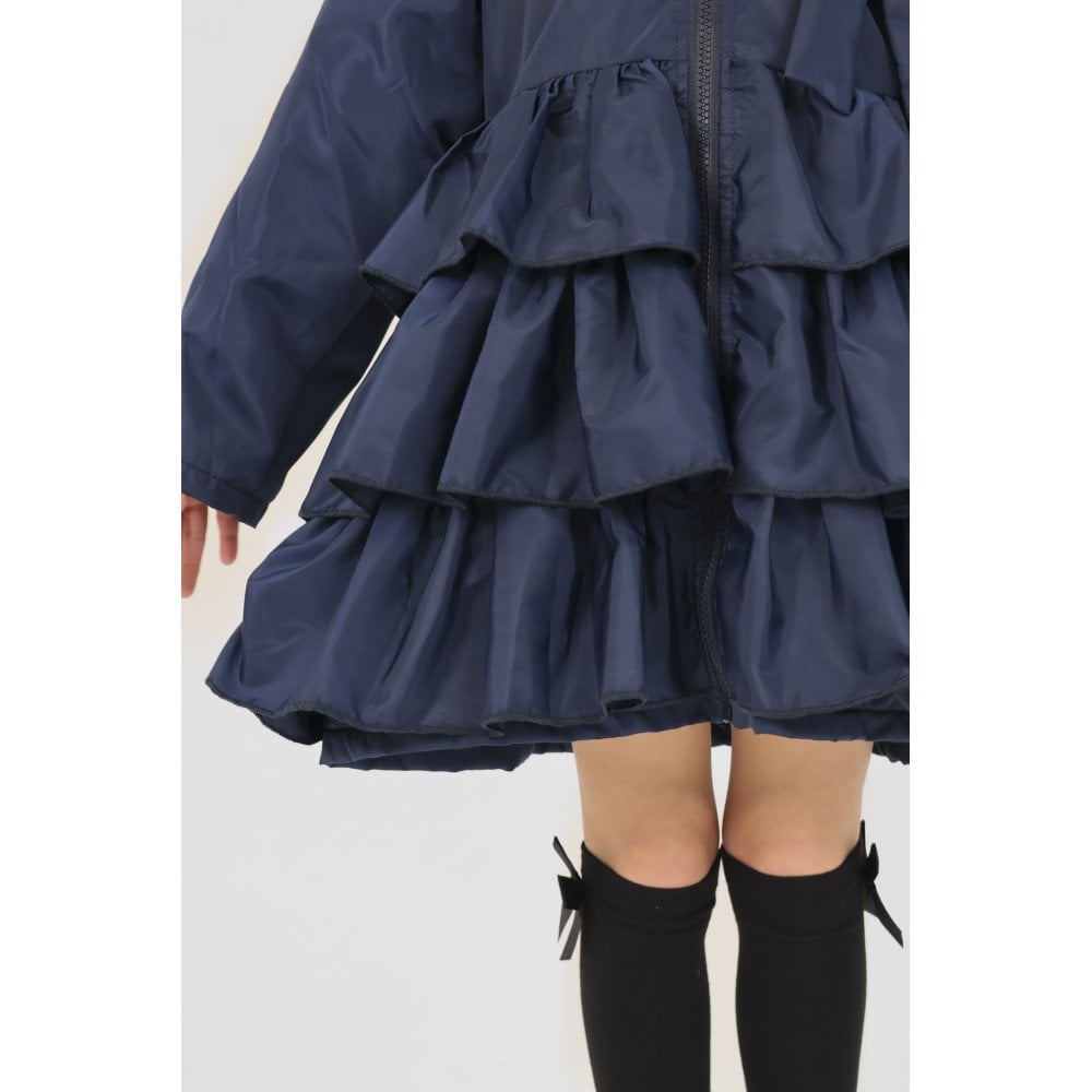 Pixie Girls Frilly Bow Fleece Lined Rain Jacket Navy