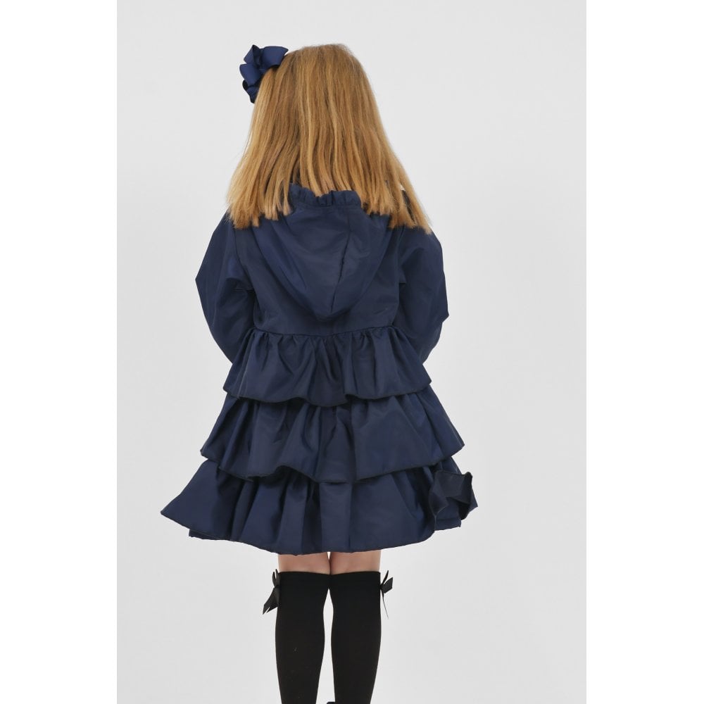 Pixie Girls Frilly Bow Fleece Lined Rain Jacket Navy